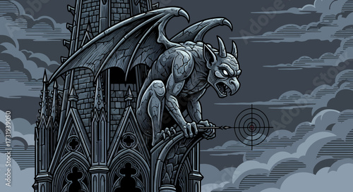 Illustration gargoyle aiming arrow perched atop gothic building illustration style