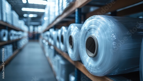Rolls of clear plastic wrap stored neatly on shelves in a warehouse