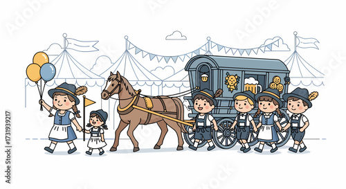 Cartoon illustration oktoberfest parade horse-drawn cart with happy children walking