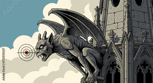 Illustration gargoyle targeting bullseye perched atop gothic building artwork detail