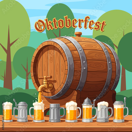 Cartoon illustration, wooden barrel with beer flowing into mugs, Oktoberfest celebration