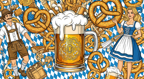 Illustration: Oktoberfest celebration with beer, pretzels and traditional bavarian costumes