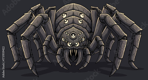 Illustration creepy spider monster with many eyes and sharp fangs