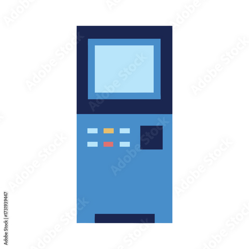 Blue A T M machine with light blue screen and colorful buttons technology finance