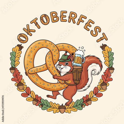 Cartoon squirrel carrying pretzel and beer for Oktoberfest celebration fun
