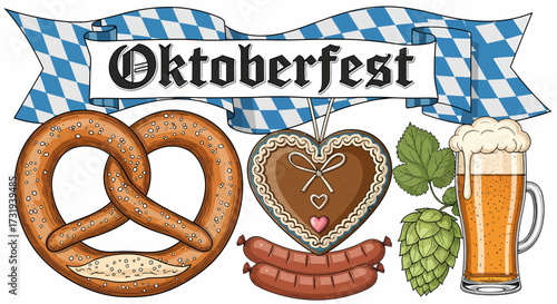 Oktoberfest illustration with pretzel gingerbread heart sausages and beer mug