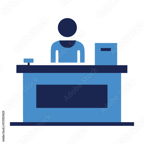 Blue and dark blue icon of a person at a desk with a button and book vector