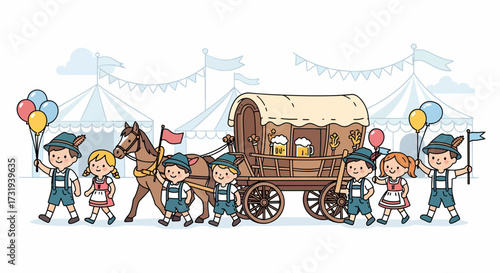 Cartoon illustration bavarian children pulling wagon with beer for oktoberfest