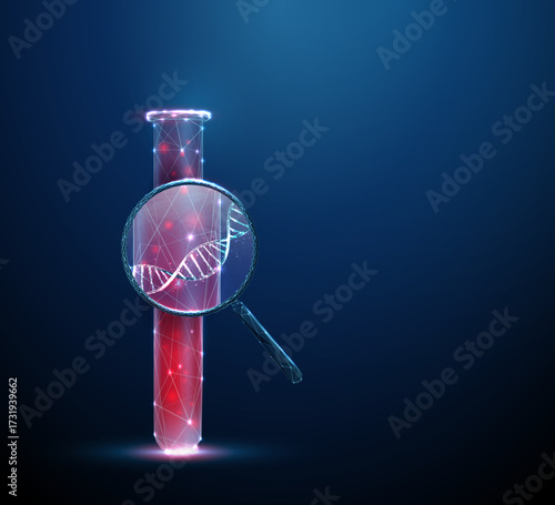 3d test tube with blood under magnifying glass with DNA inside. Genetic analysis, DNA sequencing, molecular biology, clinical investigation concept.