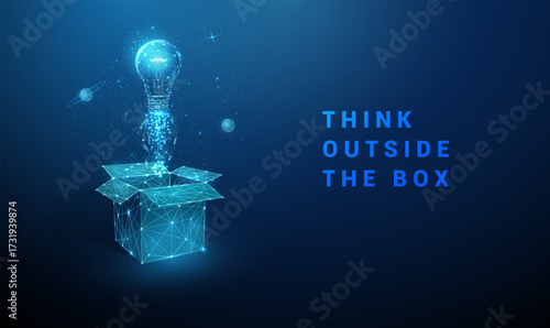 3d blue light bulb launching like a rocket from an open box with planets around. Thinking outside the box, discovery, visionary thinking concept.