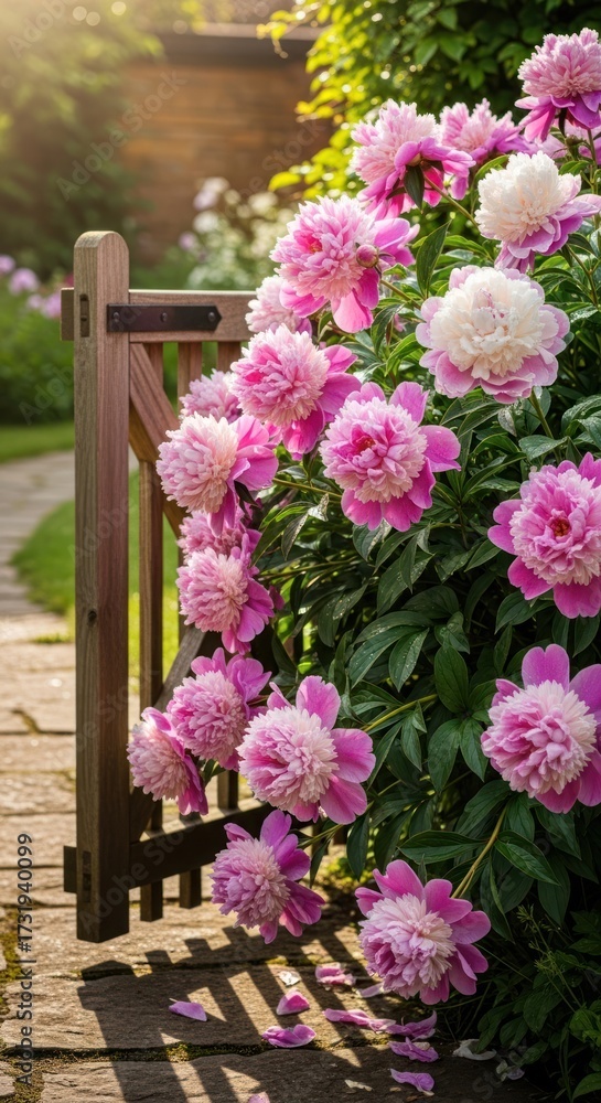 Obraz premium Vibrant pink peonies blooming in a sunlit garden next to a rustic wooden gate.