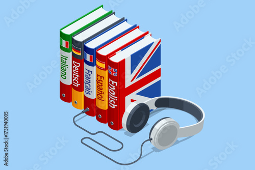 Isometric illustration of language books with headphones. Concept of audio course, online learning, foreign language study, and AI assistant for communication.