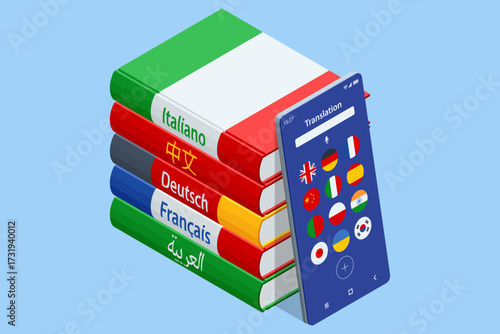 Isometric illustration of language translation app with stacked books and smartphone. Concept of online learning, foreign language study, and AI assistant for communication.