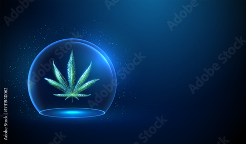 Abstract cannabis leaf under glass dome. Protection, quality control, medical research, legalization, biotechnology, medical concept. Futuristic low poly style.