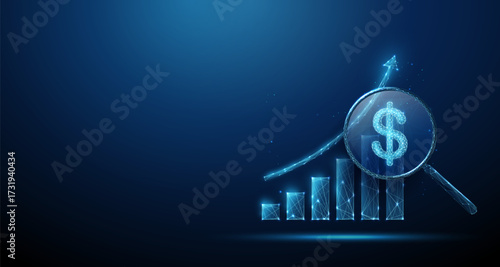 Growing bar chart with upward arrow under magnifying glass and dollar sign inside. Financial analysis, business strategy, wealth management concept.