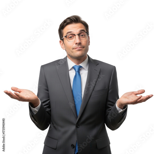 Confused businessman shrugs with open hands expressing uncertainty business concept isolated on transparent background