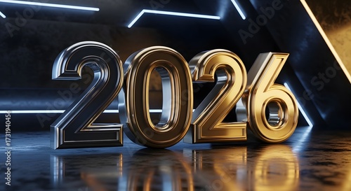 The year 2026 rendered in bold, metallic gold and silver 3D numbers on a reflective surface with neon lights.