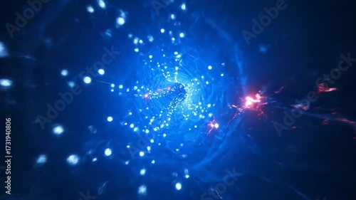 Wormhole tunnel of blue light and energy, streaking particles and glowing vortex transporting through space-time into distant galaxies, dynamic sci-fi cosmic travel scene