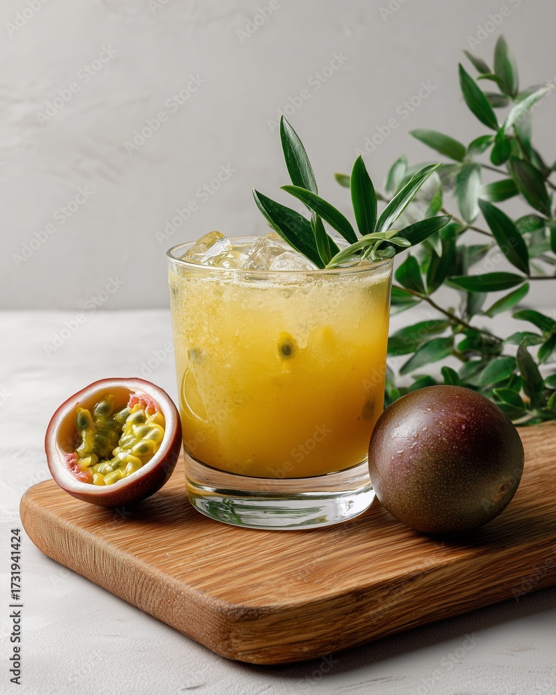 Fototapeta premium Tropical Paradise: A refreshing cocktail made with the vibrant passion fruit. The drink is set on wooden cutting board, creating an exotic, tropical feel.