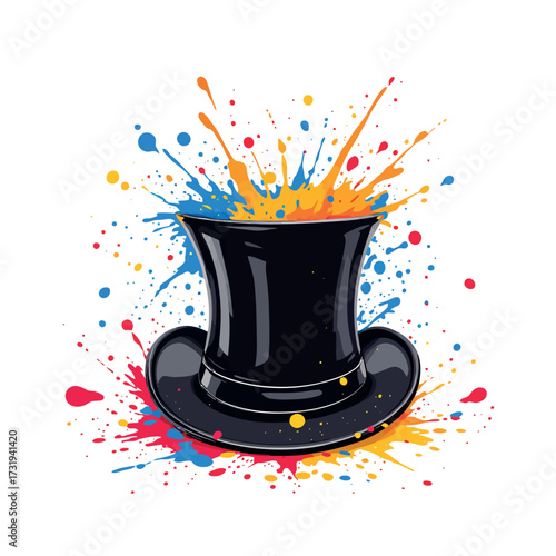 Vsai black top hat creating colorful paint explosion art