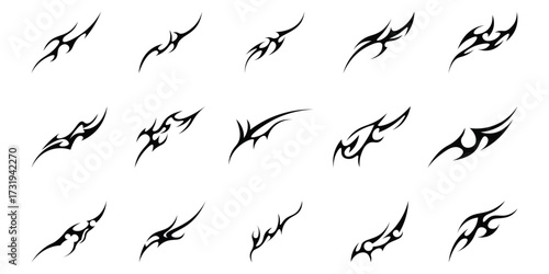 Neo tribal shapes. Y2K sharp elements, Tribal tattoo, abstract symmetrical design, various decorative elements. Vector illustration