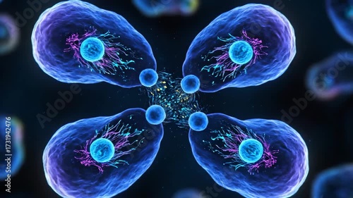 Abstract cluster of cells undergoing division process, displaying vibrant colors and glowing structures, representing cellular multiplication and growth in a biological context