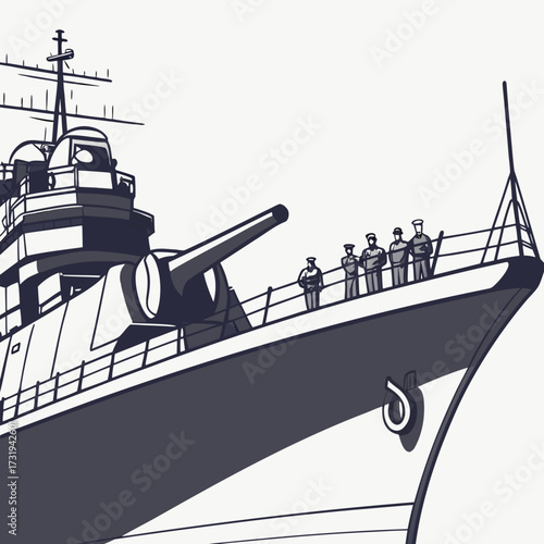 A detailed illustration of a naval warship with a large gun and crew members standing on deck