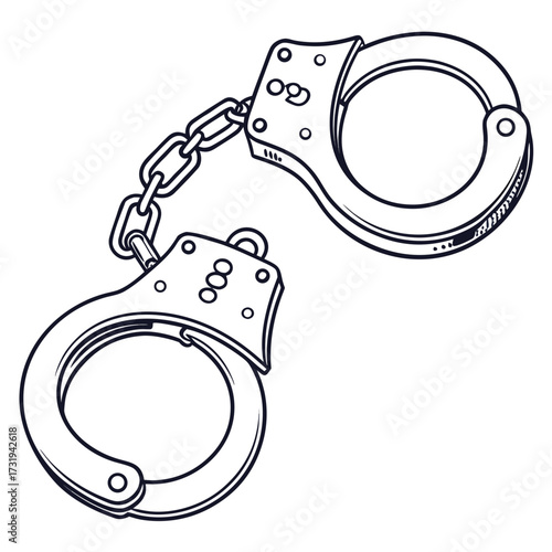 A detailed line art illustration of a pair of metal handcuffs chained together against a white background