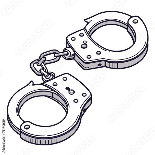 A detailed illustration of a pair of metal handcuffs connected by a chain against a white background