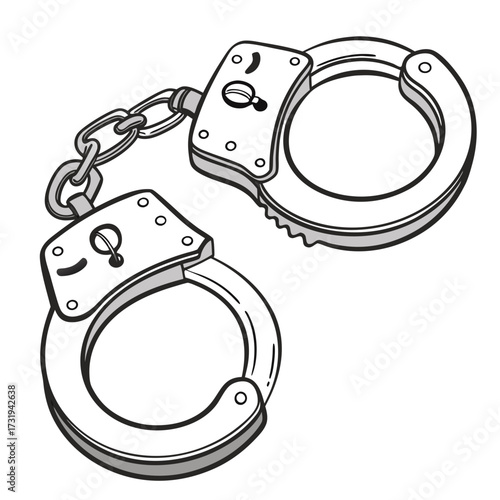 A pair of classic metal handcuffs with a connecting chain and keyhole detail on a white background