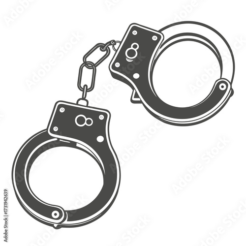 A detailed illustration of a pair of metal handcuffs connected by a chain isolated on a white background