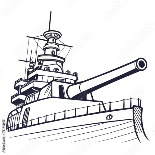 A detailed line art illustration of a powerful battleship with a large cannon and intricate superstructure against a white background