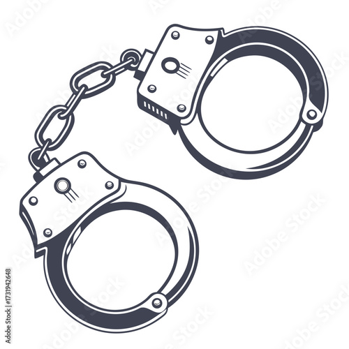 A pair of classic metal handcuffs connected by a sturdy chain depicted in a clean vector illustration style