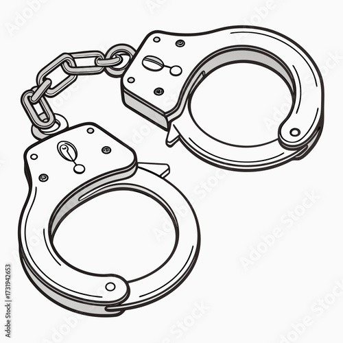 A pair of metal handcuffs connected by a chain depicted in a clean bold illustration style on a white background