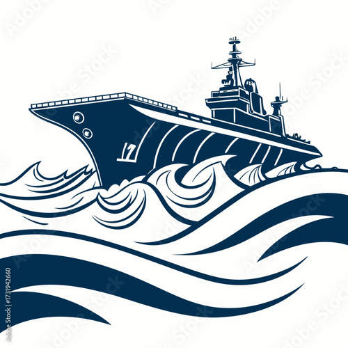 A powerful navy warship sails through rough ocean waves in a stylized graphic illustration