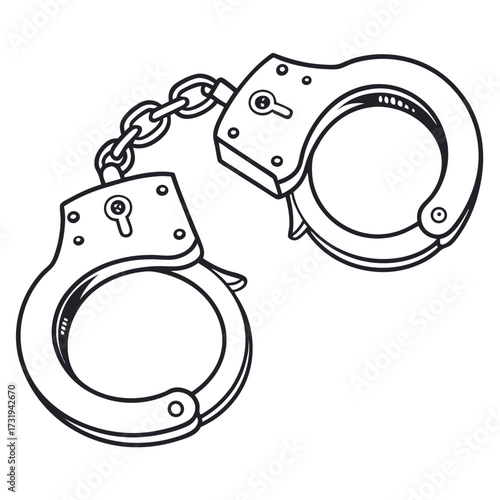 A simple black and white line drawing illustration of a pair of chained handcuffs on a white background