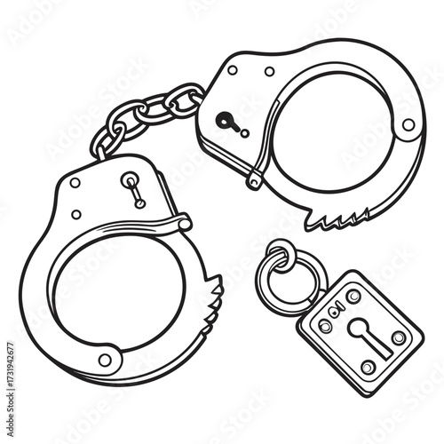 A pair of metal handcuffs connected by a chain next to a small padlock with a keyhole