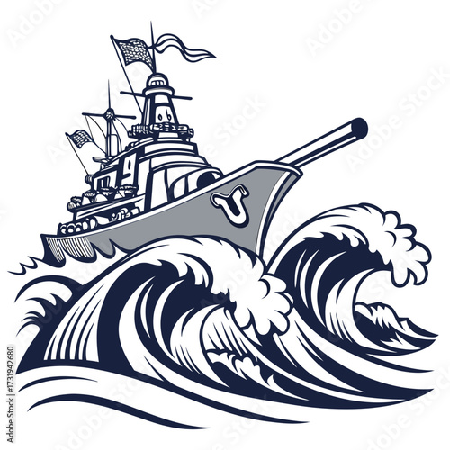 A powerful warship with a large cannon sails through rough ocean waves under a clear sky