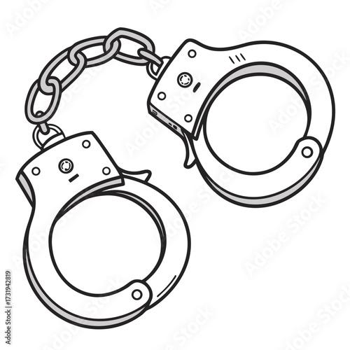 A stylized black and white illustration of a pair of metal handcuffs connected by a chain isolated on a white background