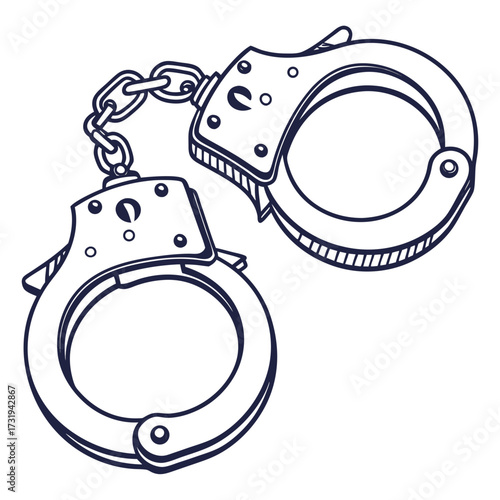 A stylized line art illustration of a pair of metal handcuffs connected by a chain against a white background