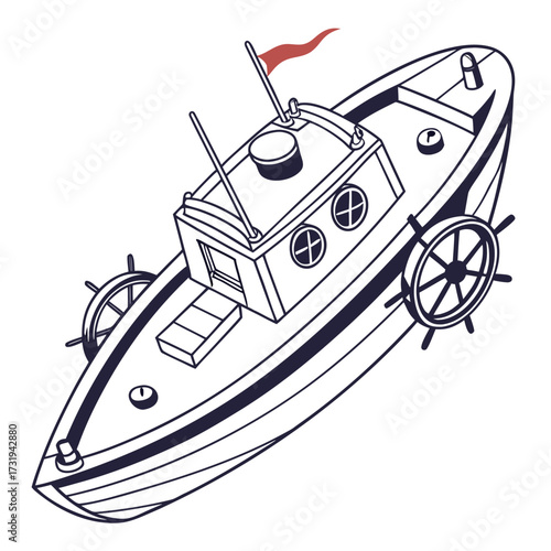 A stylized line drawing of a classic paddlewheel boat with a red flag waving from the mast against a white background