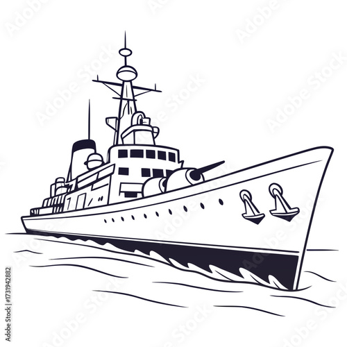 A stylized illustration of a large warship or destroyer sailing through the ocean waves with its cannons visible
