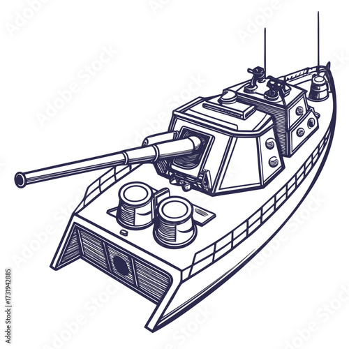 A stylized line drawing of a heavily armed naval gunboat with a large cannon and multiple turrets on a white background