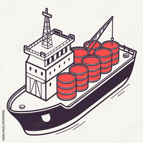Illustration of a cargo ship transporting large red cylindrical containers across the ocean with a crane onboard