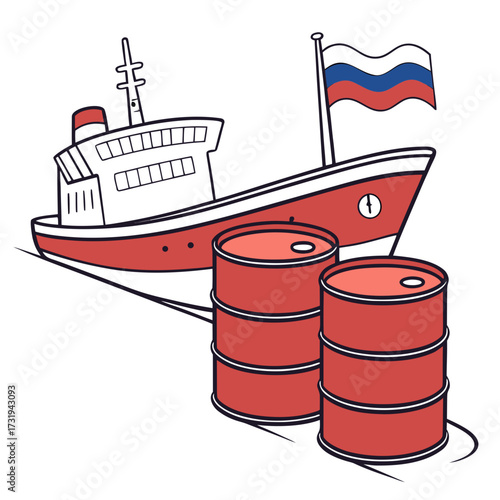 Illustration of a cargo ship with the russian flag and oil barrels symbolizing oil export and import trade