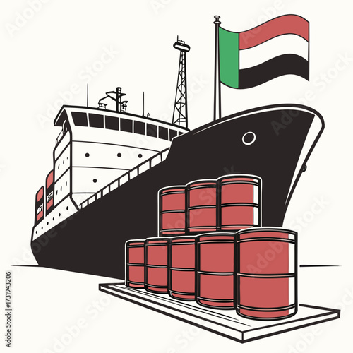 Large cargo ship docked at port with stacked oil barrels and the flag of the united arab emirates waving