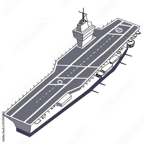 Isometric illustration of a modern aircraft carrier with its flight deck markings and island structure clearly visible