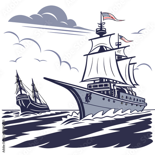 Majestic tall ship sailing on a choppy sea under a cloudy sky with seagulls flying