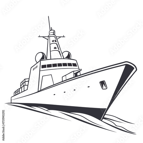 Modern naval warship sailing through ocean waves in a stylized black and white illustration