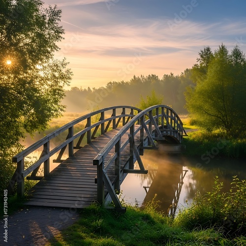 Peaceful Wooden Bridge Over Misty Stream at Sunrise.